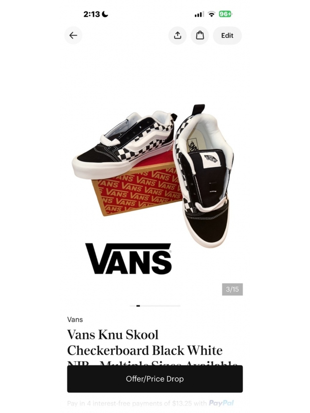 NIB Vans Knu Skool Checkerboard Black White Size 5 Juniors